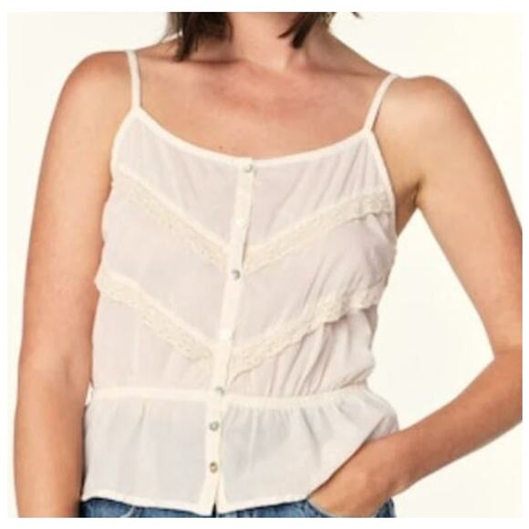 Amo Size Large Danica Cami Cream Pima Cotton Lace Trim Button Up Spaghetti Strap - Picture 1 of 7